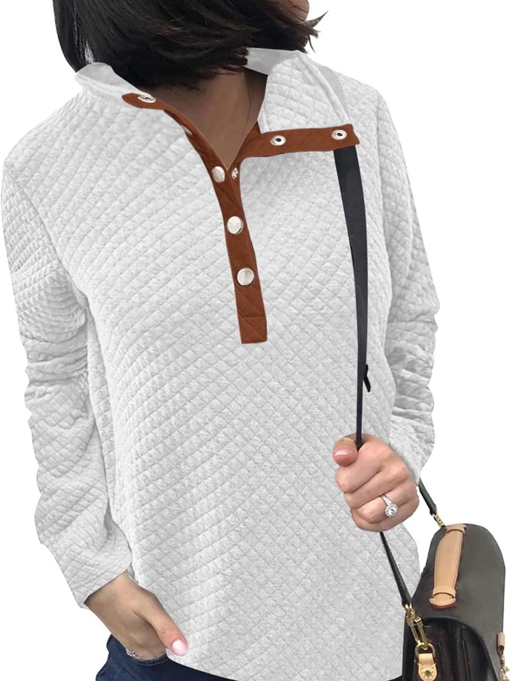 Quilted Snap-Front Pullover Sweatshirt - White with Brown Trim